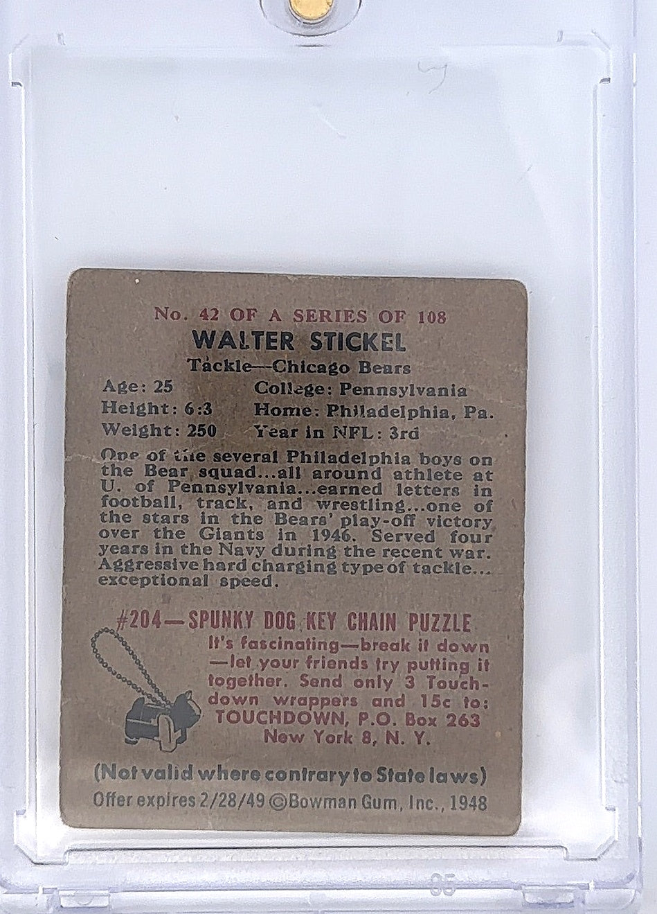 Walter Stickel 42/108 1948 Bowman Gum — back