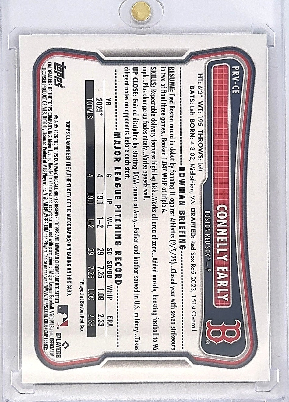 2026 Bowman Paper Rookie & Veteran Autograph Connelly Early [Purple Border] 249/250 #PRV-CE — back
