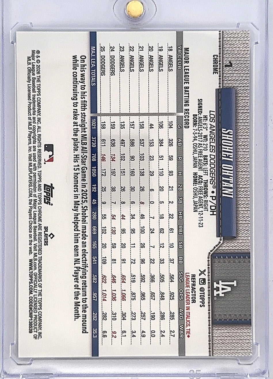 2026 Topps Chrome Shohei Ohtani [Refractor] #1 — back