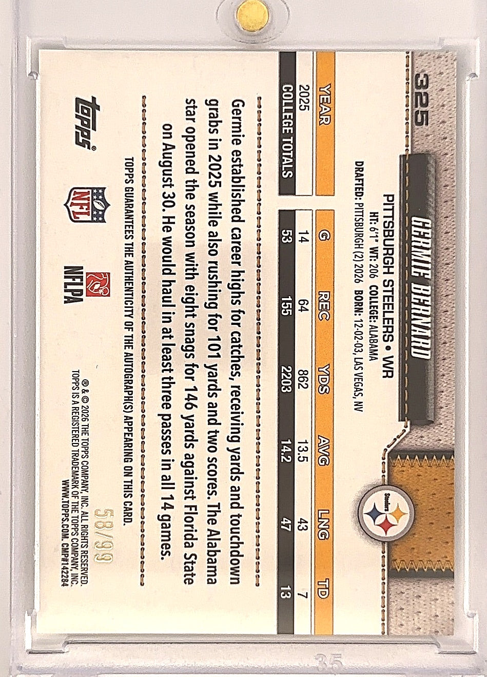 2026 Topps Flagship Real One Autograph Germie Bernard /99 [Green] #325 — back
