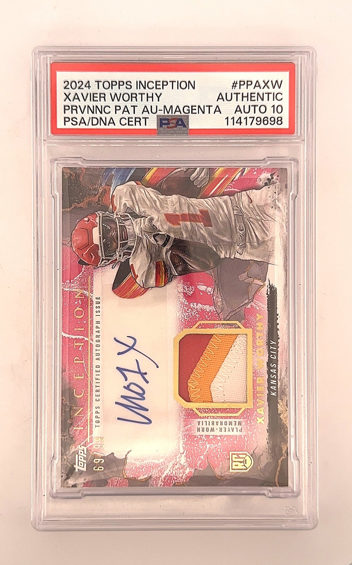 2024 Topps Inception Provenance Patch Autograph Xavier Worthy [Magenta] #PPA-XW PSA AUTHENTIC AUTO 10 — front