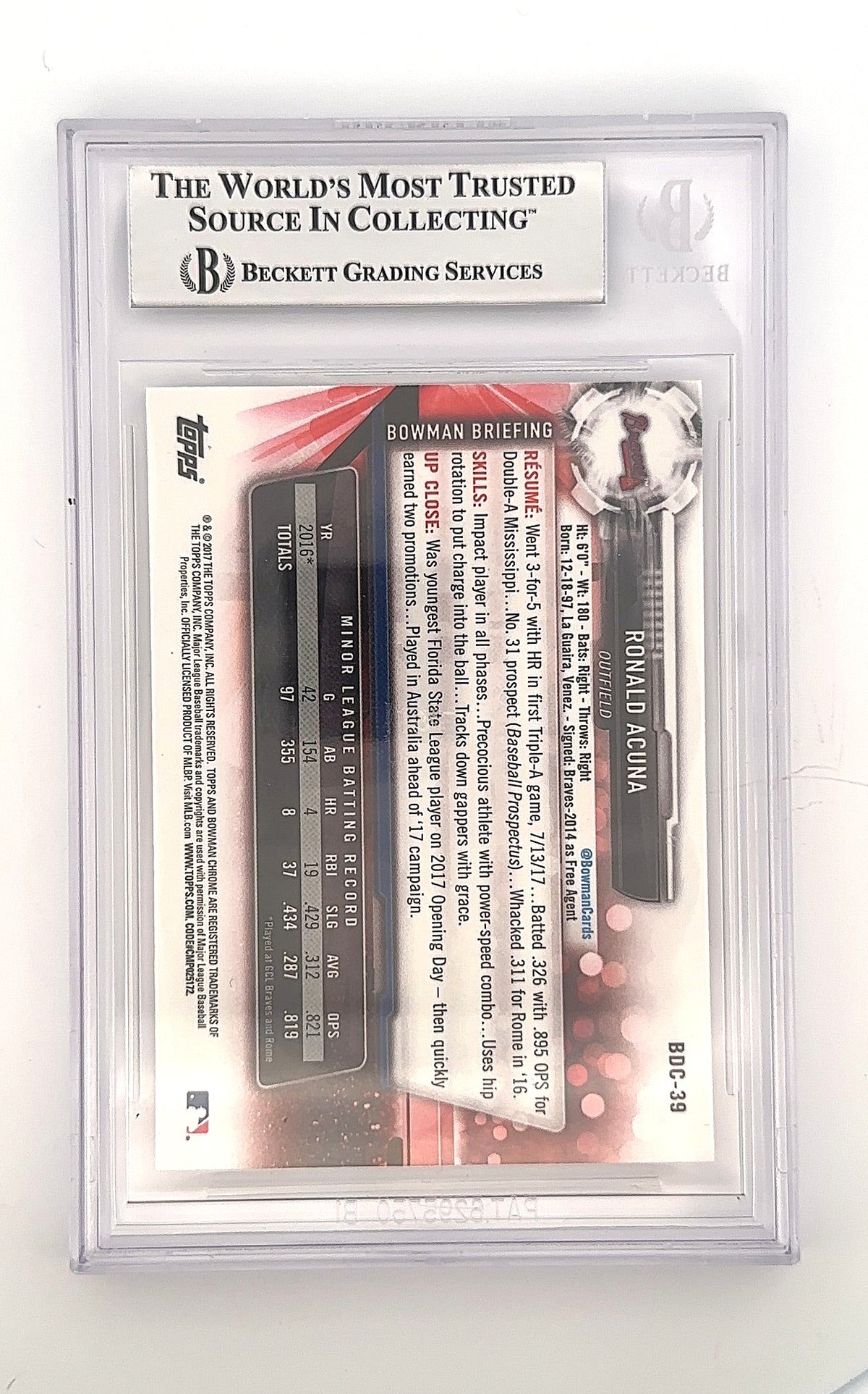 2017 Bowman Draft Chrome Ronald Acuna [Refractor] #BDC-39 BGS Authentic — back
