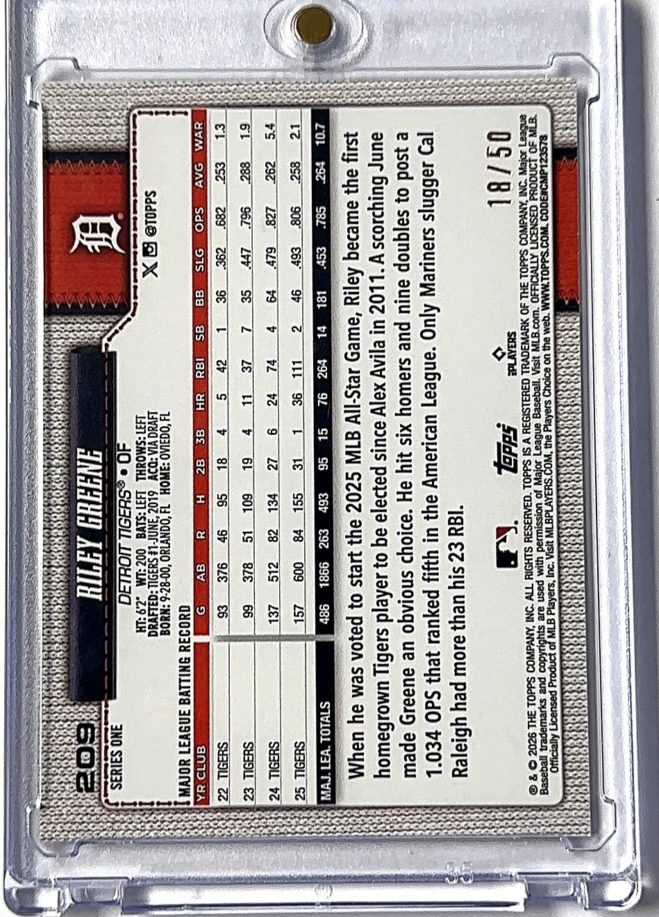 2026 Topps Celebration Riley Greene [Gold Dugout Peeks] #209 — back
