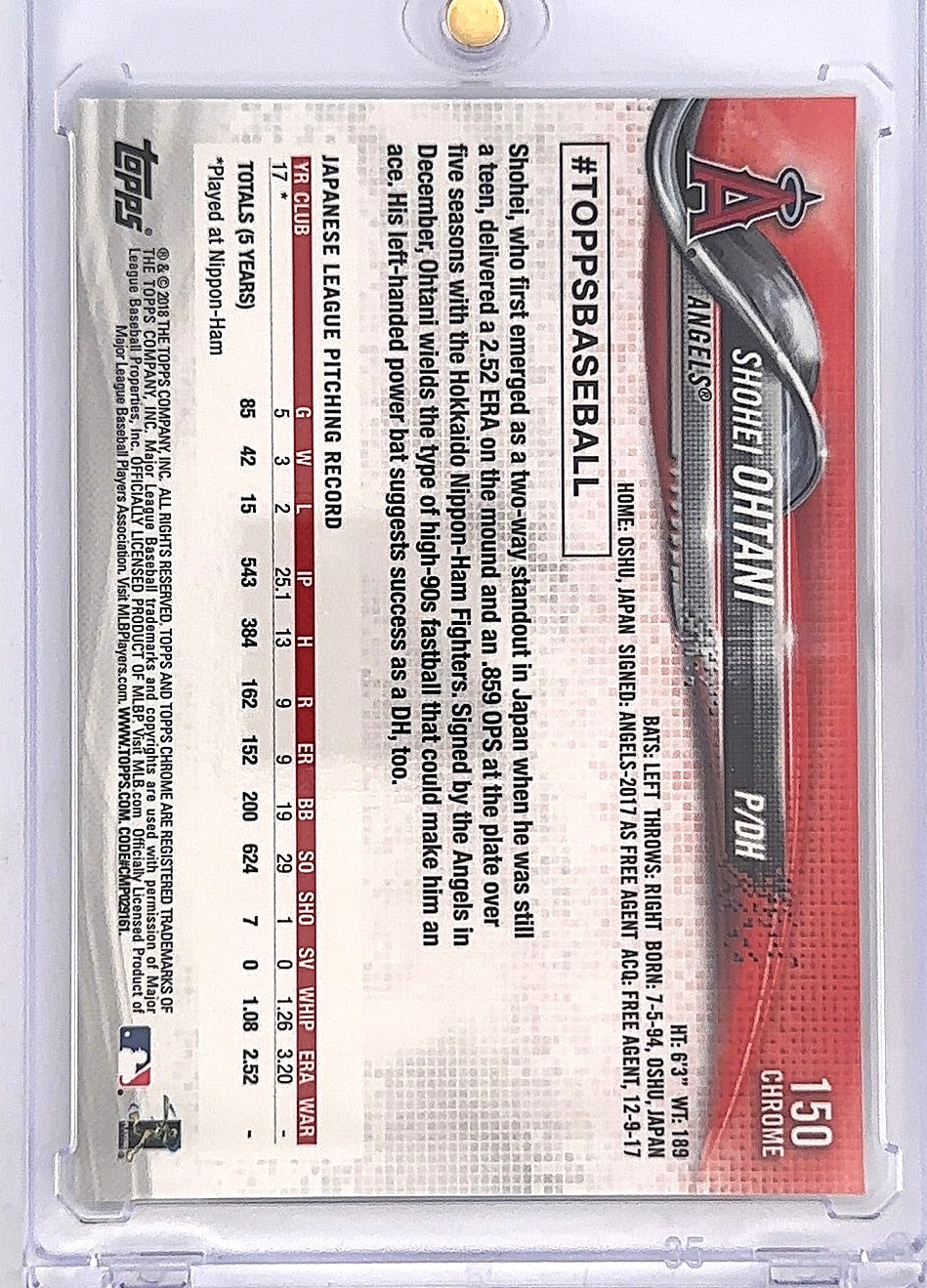 2018 Topps Chrome Shohei Ohtani #150 — back