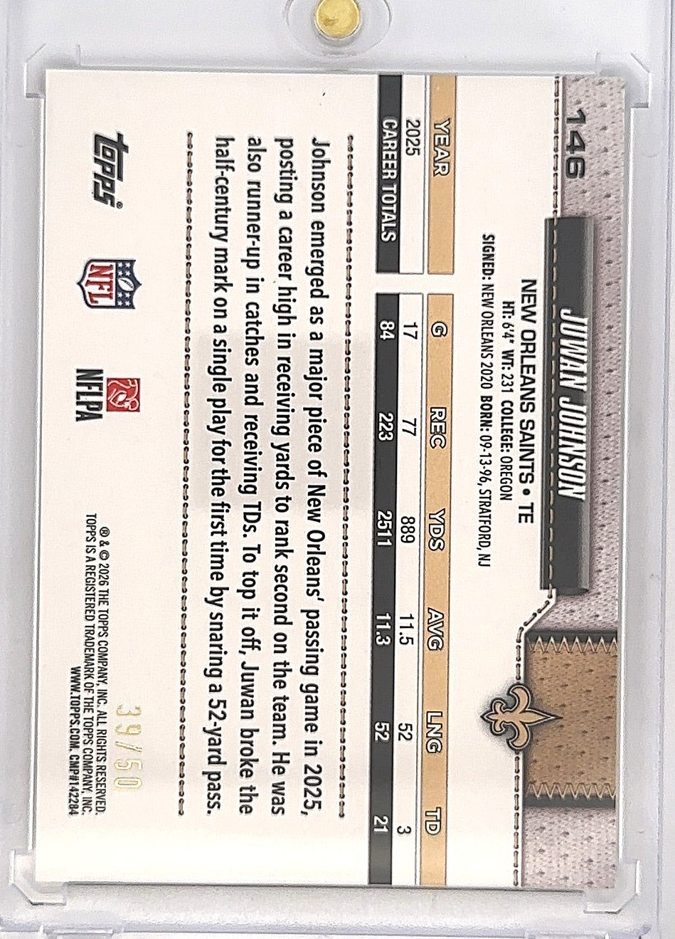 2026 Topps Flagship Juwan Johnson /50 [Gold] #146 — back