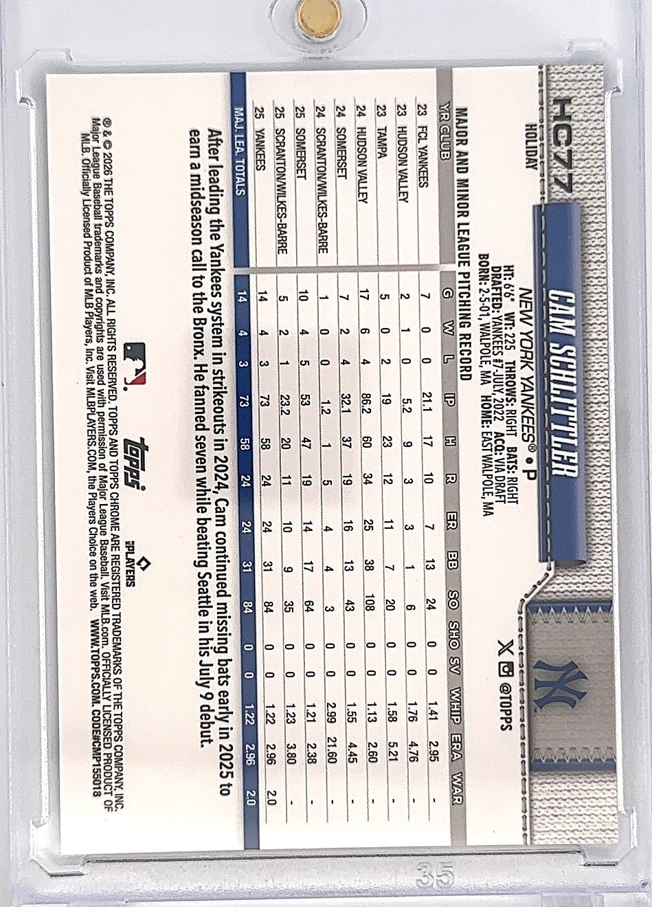 2026 Topps Holiday Cam Schlittler [Blue Refractor Chrome] #HC77 — back