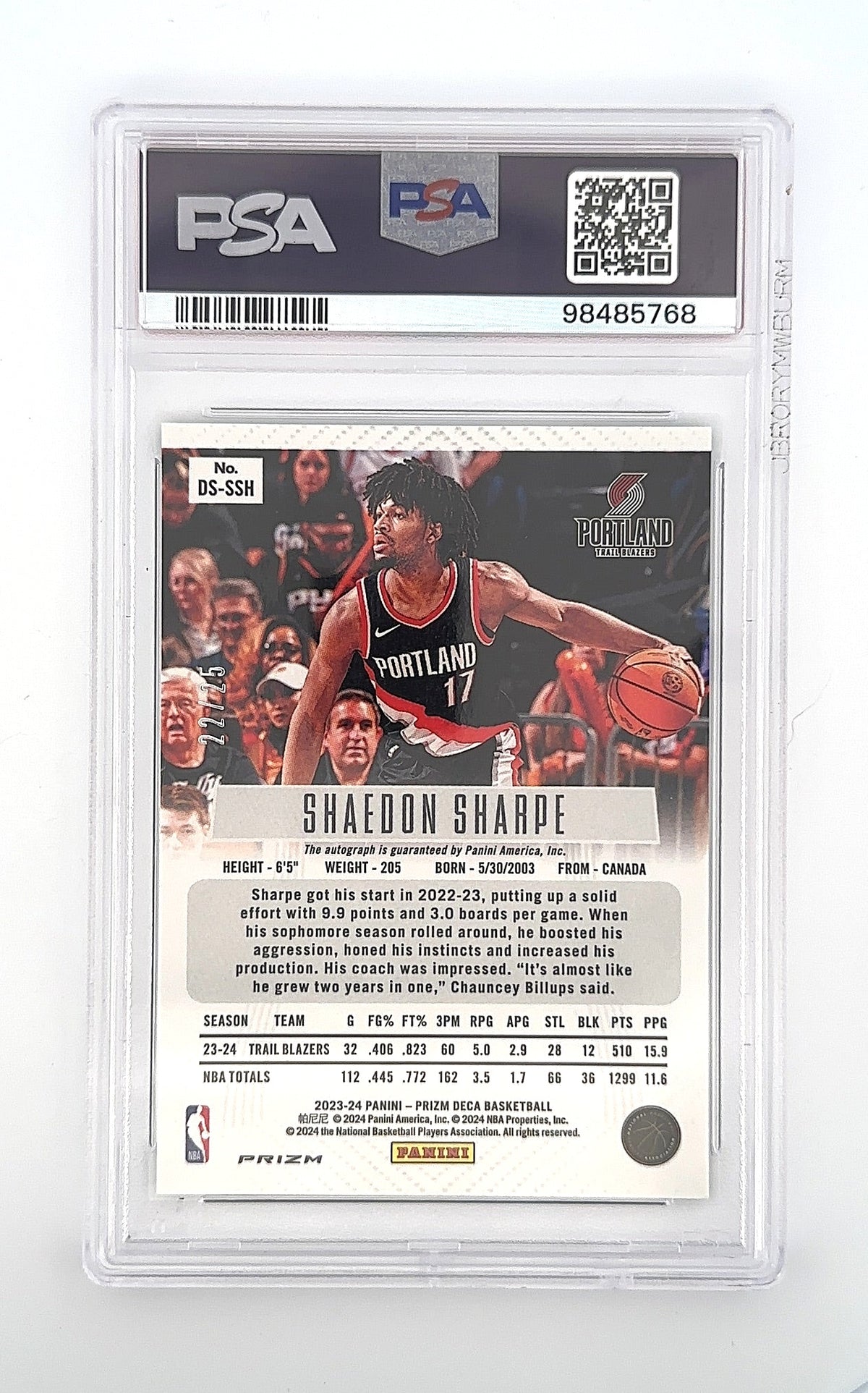 2023 Panini Prizm Deca Signature Shaedon Sharpe [Green Shimmer FOTL] #DS-SSH PSA 10 — back