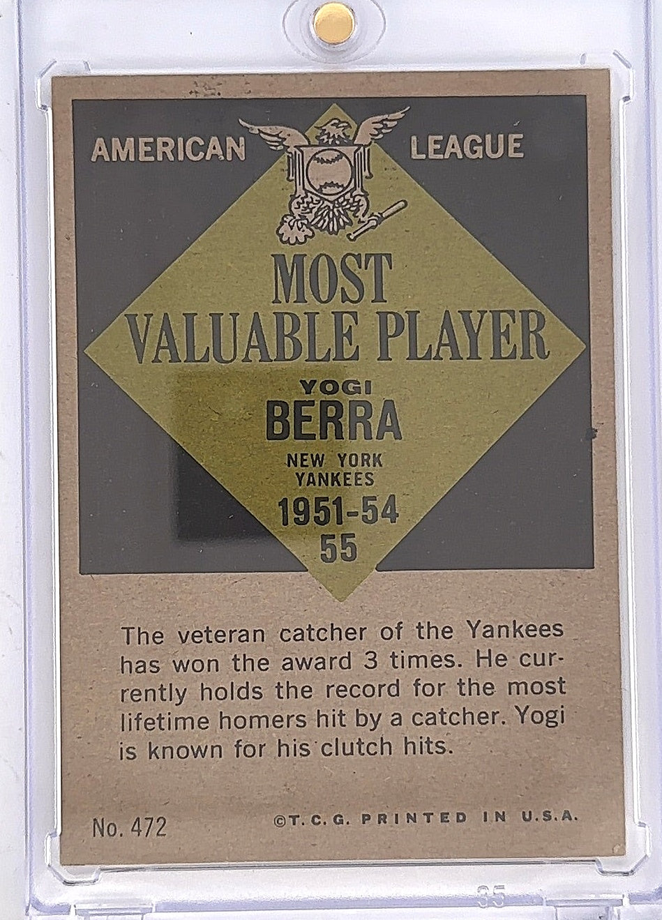 Yogi Berra Most Valuable Player 1951 American League — back