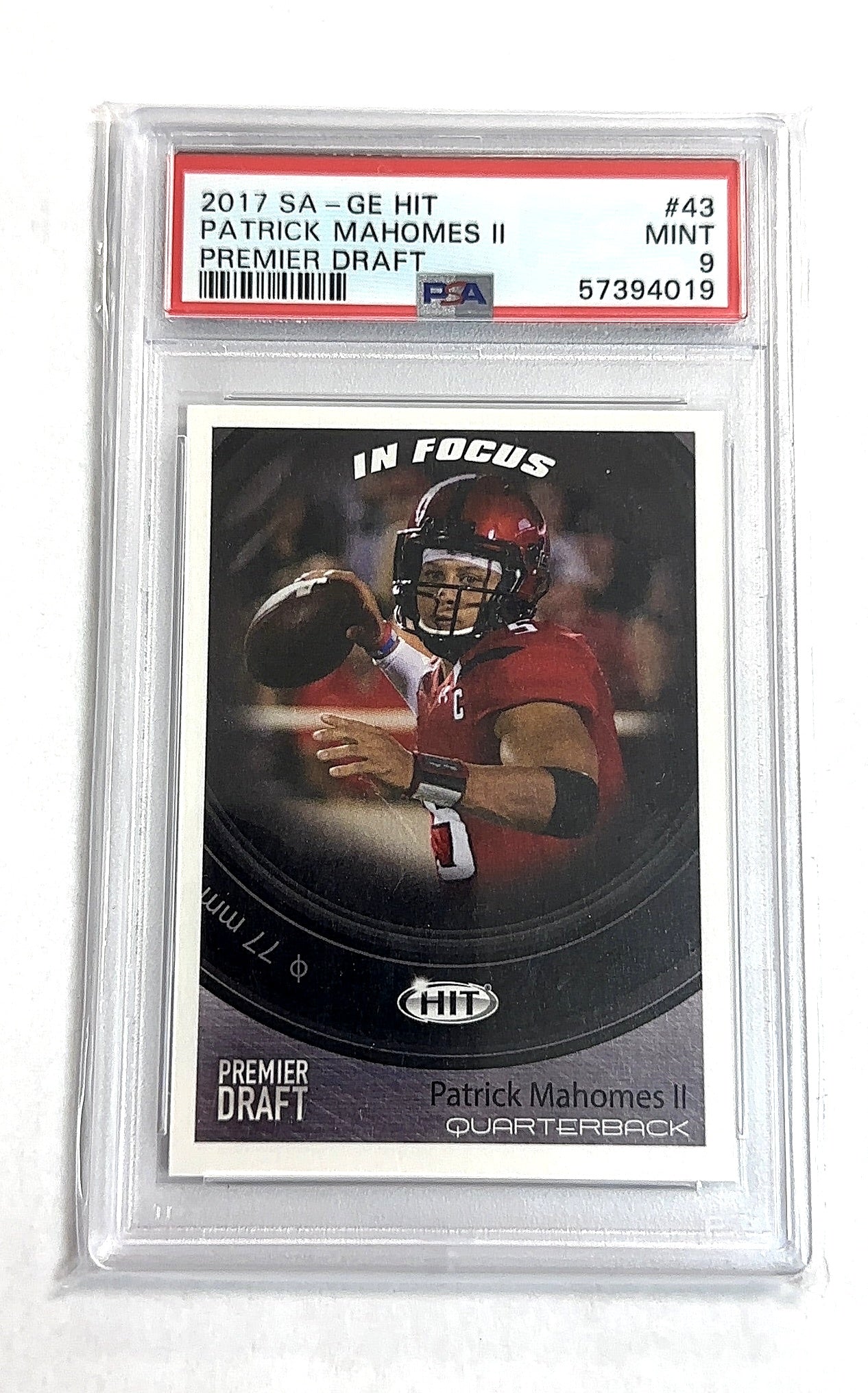 2017 Sage Hit Premier Draft Patrick Mahomes II #43 RC PSA 9 — front