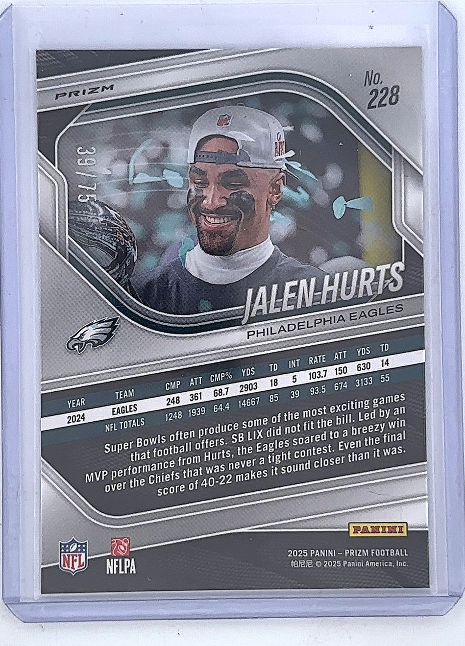 Jalen Hurts #228 Purple No Huddle Prizm 39/75 — back