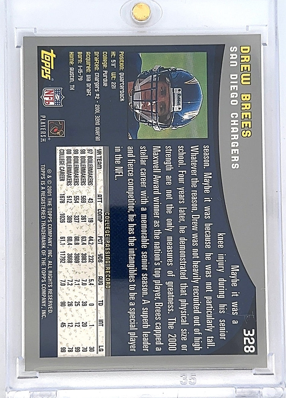 2001 Topps Drew Brees [Collection] #328 — back