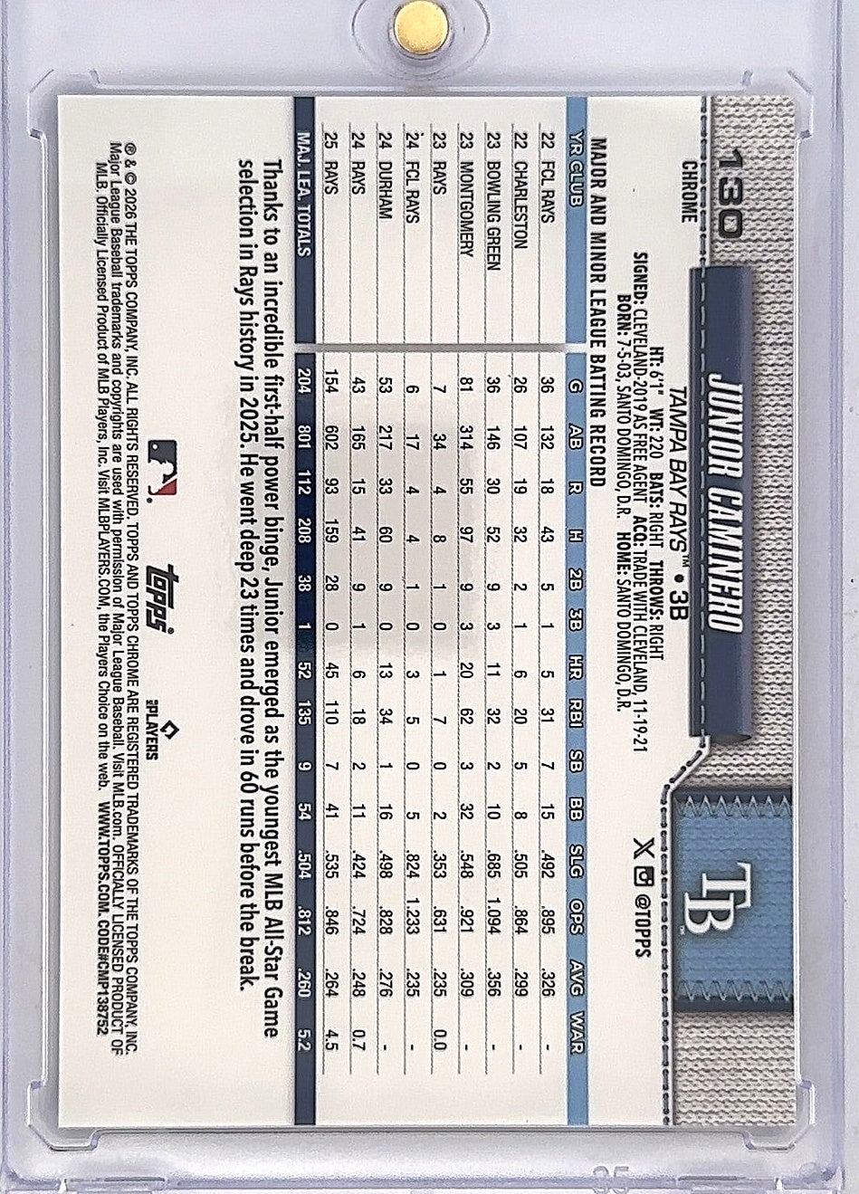 2026 Topps Chrome Junior Caminero [Purple Image Variation] #130 — back