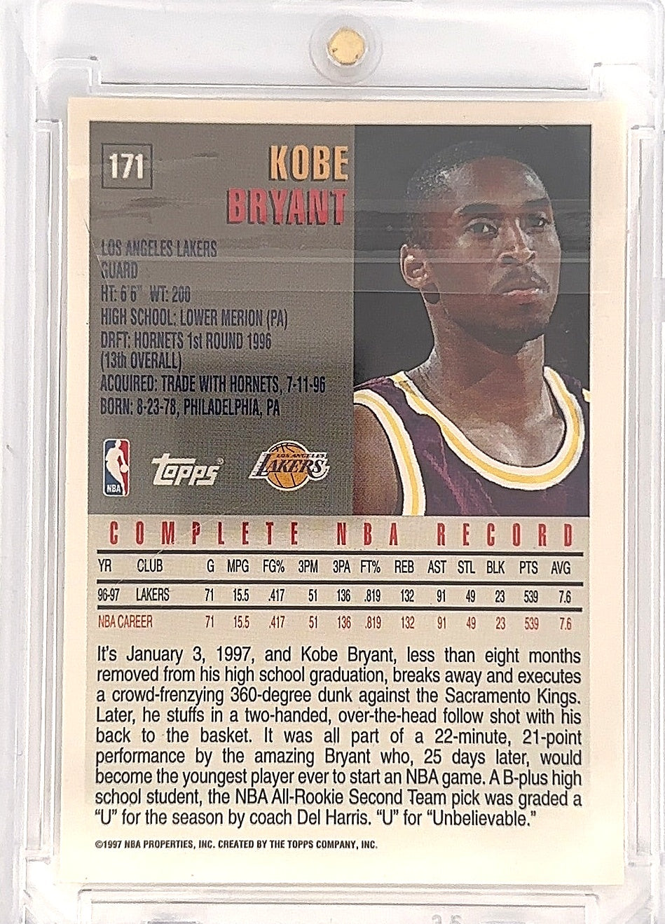 Kobe Bryant 1997 Topps 171 — back