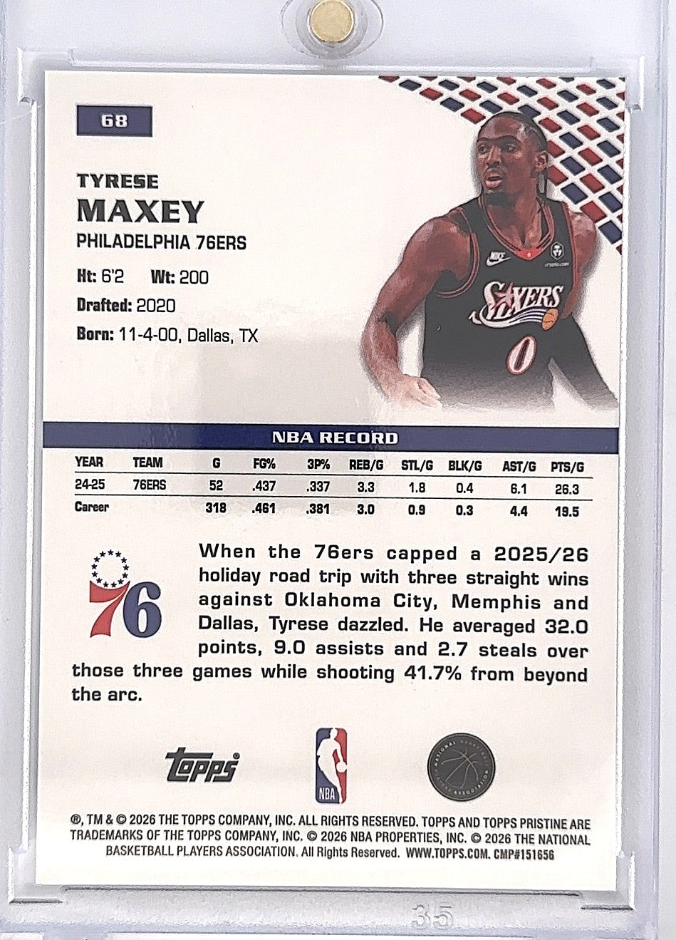 2025 Topps Pristine Tyrese Maxey [Blue Refractor] #68 — back