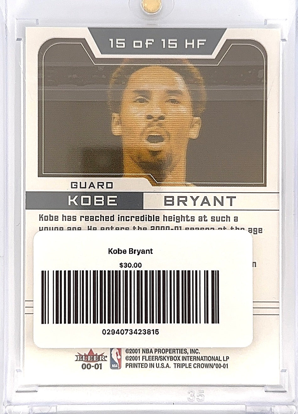 2000 Fleer Triple Crown Heir Force 01 Kobe Bryant #15 — back