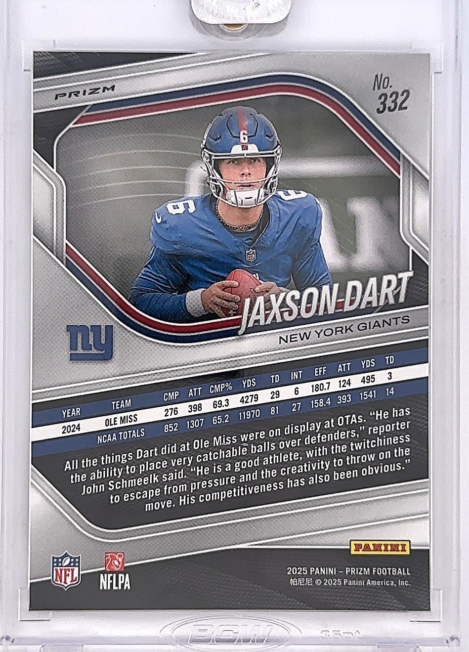 2025 Panini Prizm No Huddle Jaxson Dart [White] #332 — back