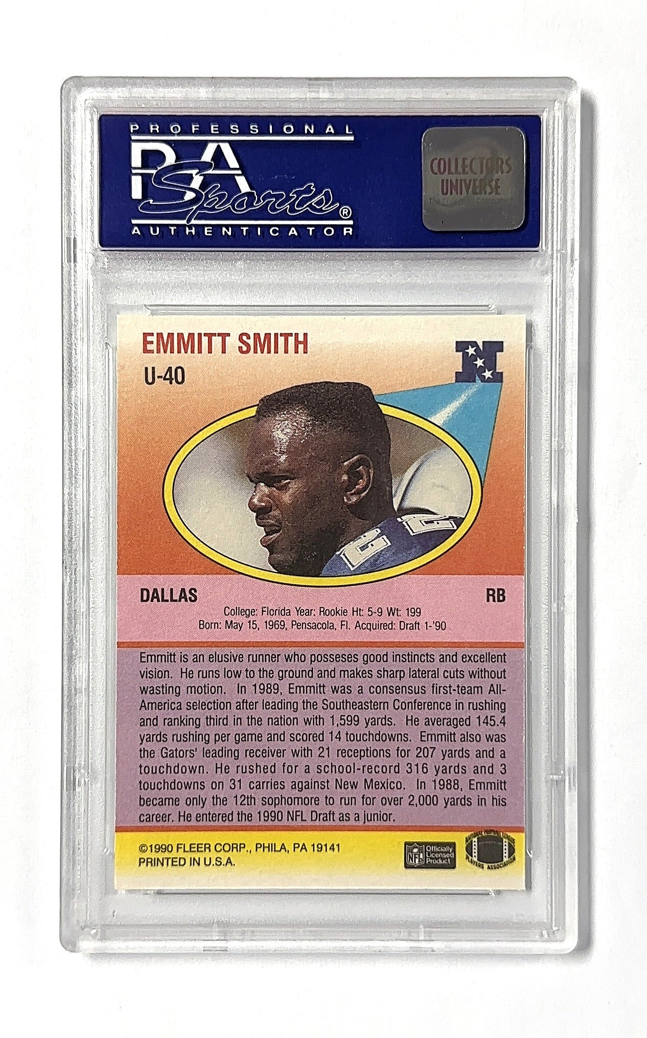 1990 Fleer Update Emmitt Smith #U-40 RC PSA 9 — back