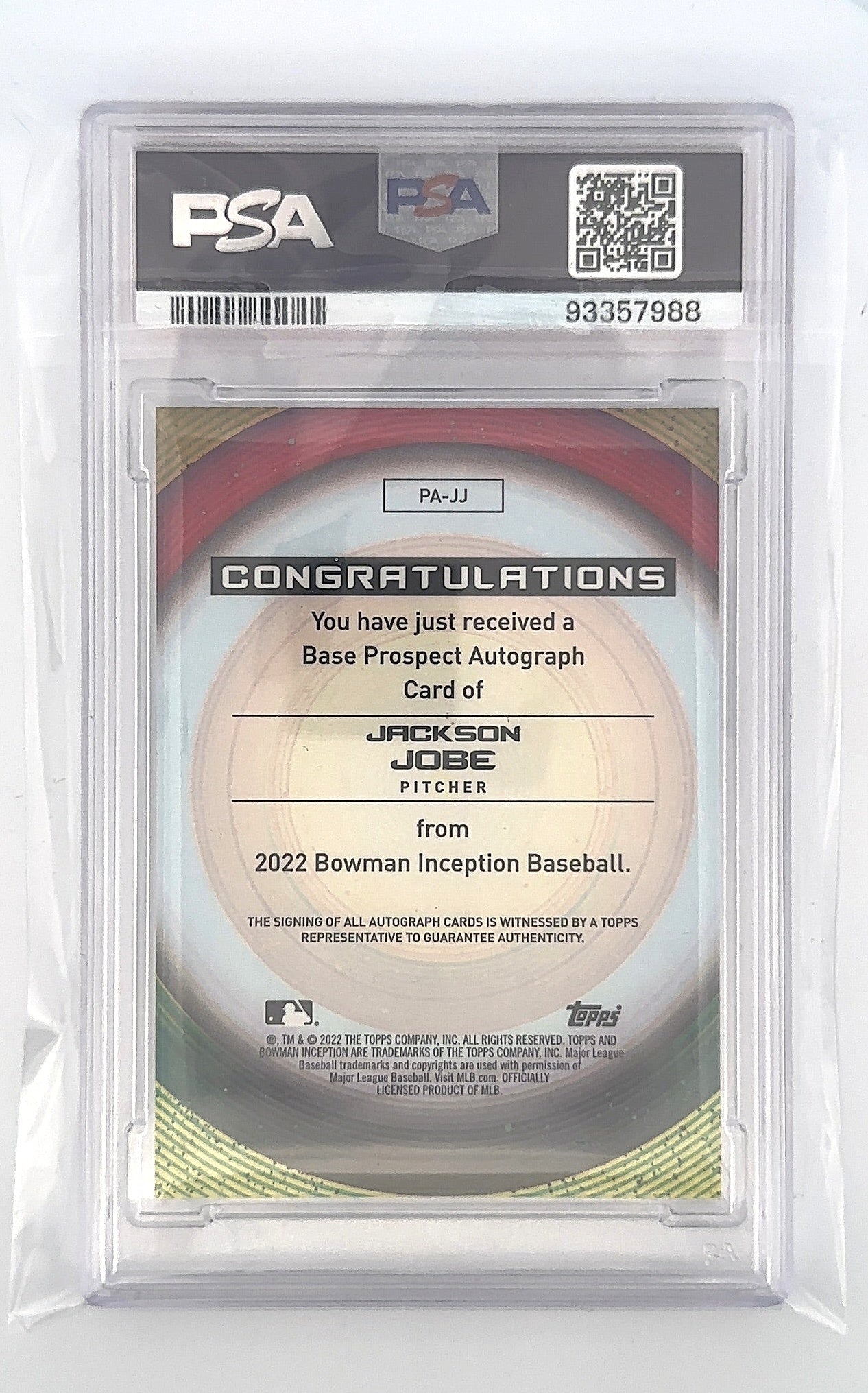 2022 Bowman Inception Prospect Autographs Jackson Jobe [Blue Foil] /99  #PA-JJ PSA 10 — back