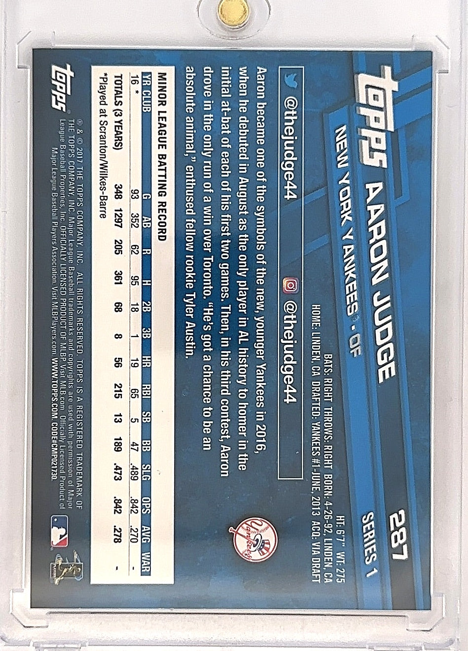 2017 Topps Aaron Judge #287 — back