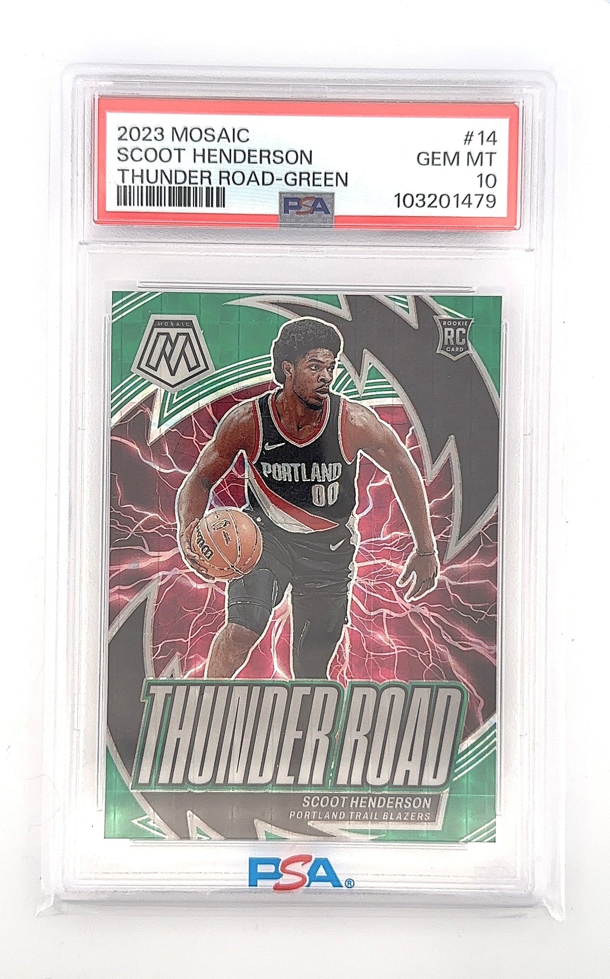 2023 Panini Mosaic Thunder Road Scoot Henderson [Green] #14 PSA 10 — front