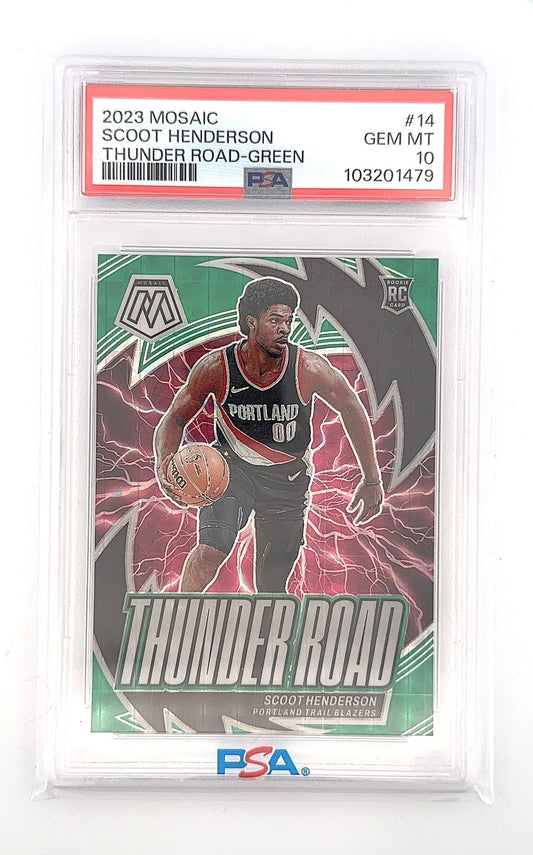 2023 Panini Mosaic Thunder Road Scoot Henderson [Green] #14 PSA 10 — front