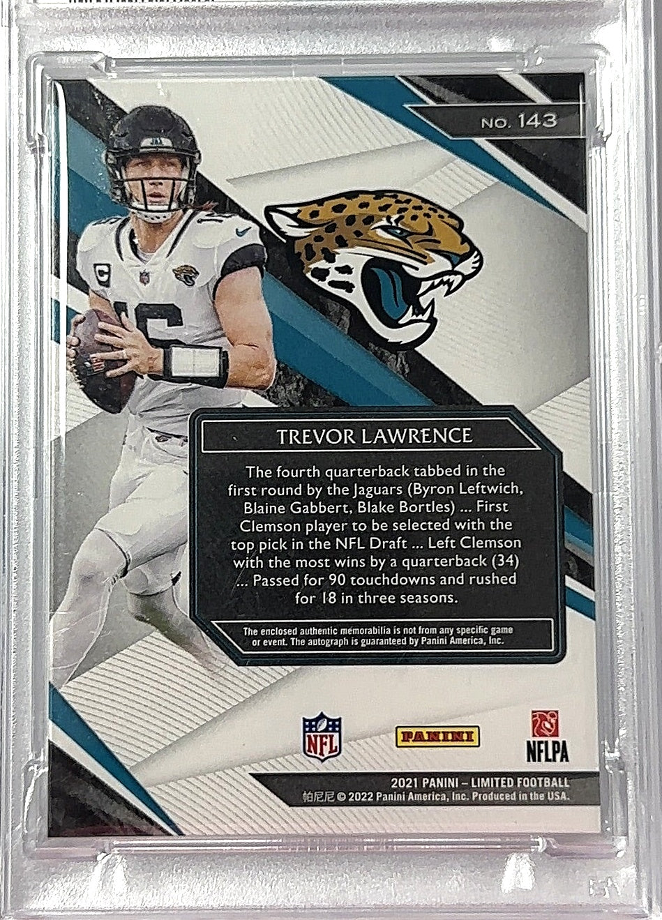 2021 Panini Limited Trevor Lawrence [Patch Autograph Silver Spotlight] #143 RC AUTO PSA 10 Auto — back
