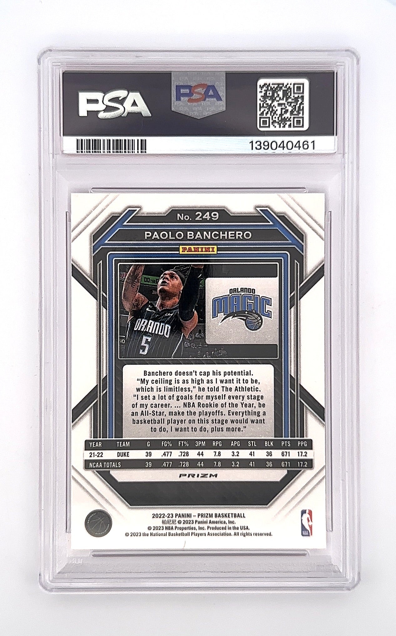 2022 Panini Prizm Paolo Banchero [Pink Ice Prizm] #249 PSA 10 — back