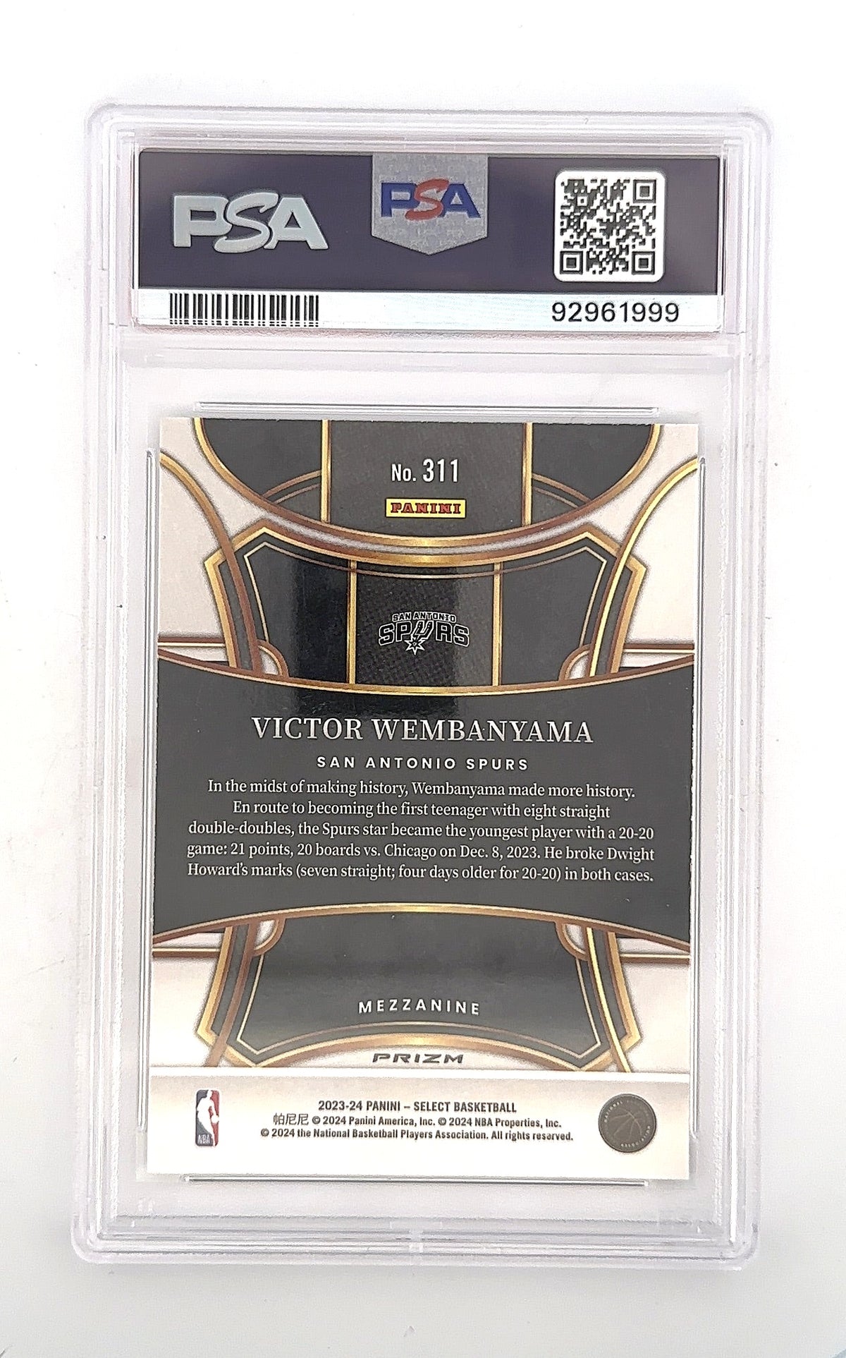 2023 Panini Select Victor Wembanyama [Silver Prizm] #311 PSA 10 — back