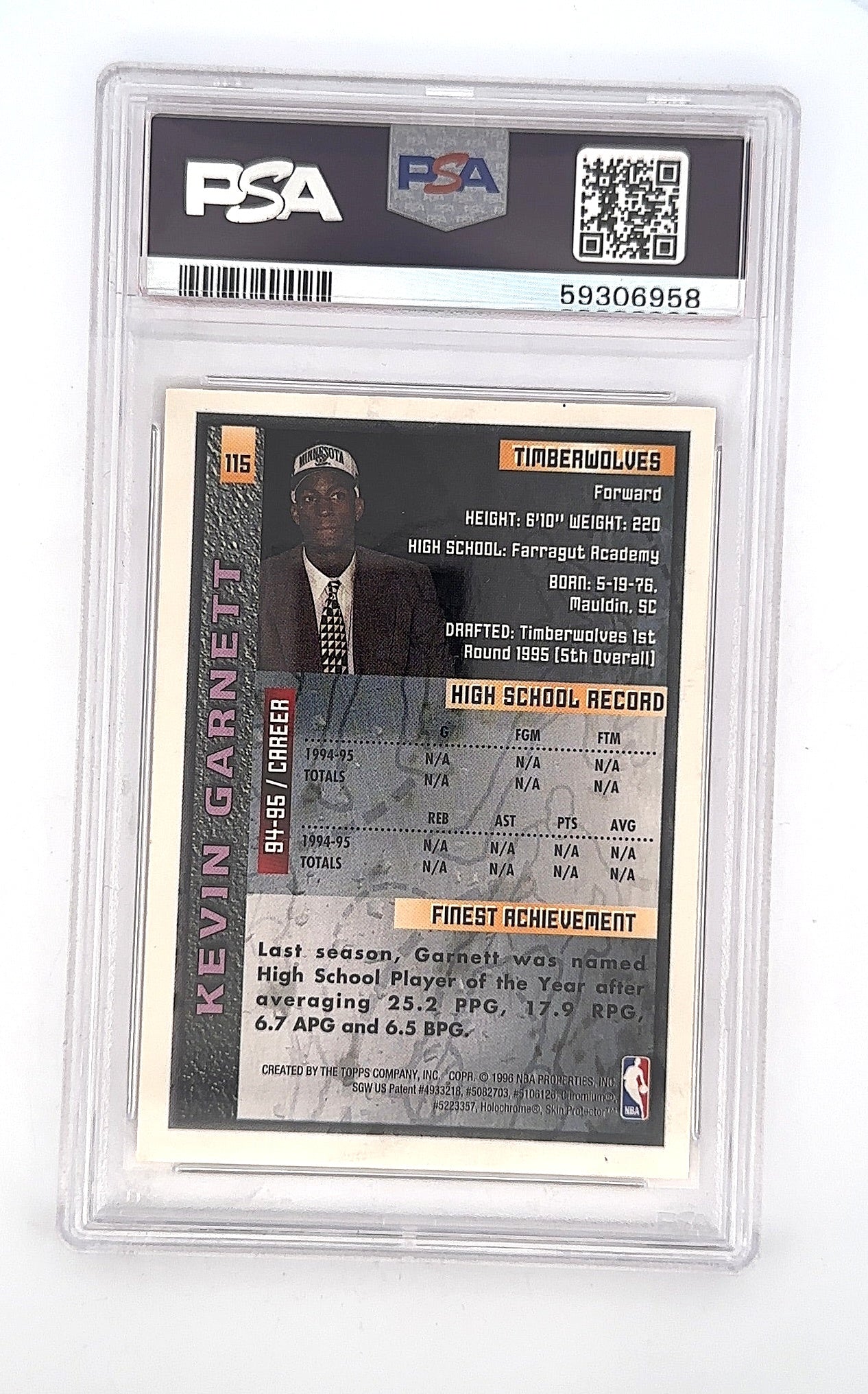 1995 Finest Kevin Garnett [w/ Coating] #115 PSA 8 — back