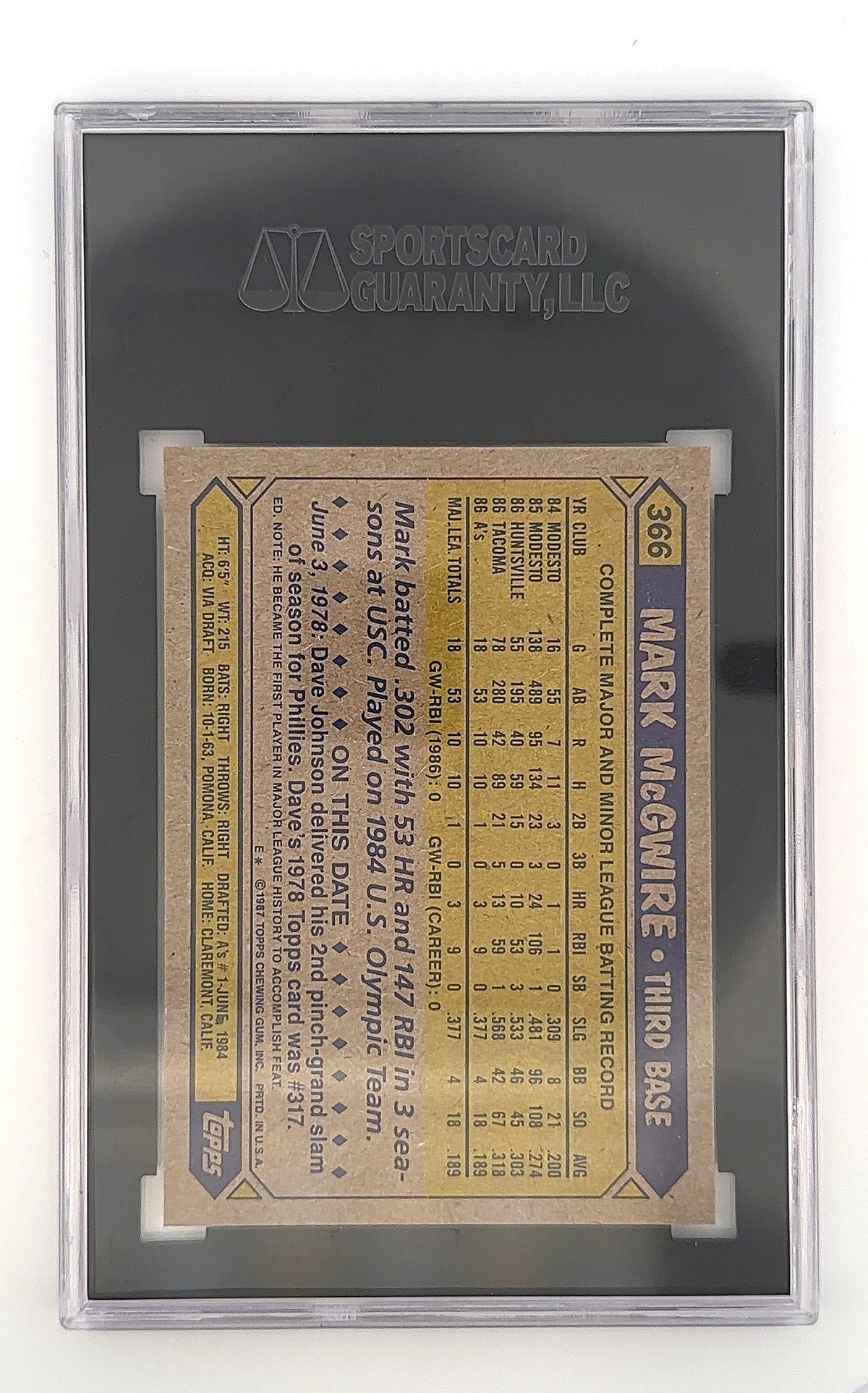 1987 Topps Mark McGwire #366 SGC 9 — back