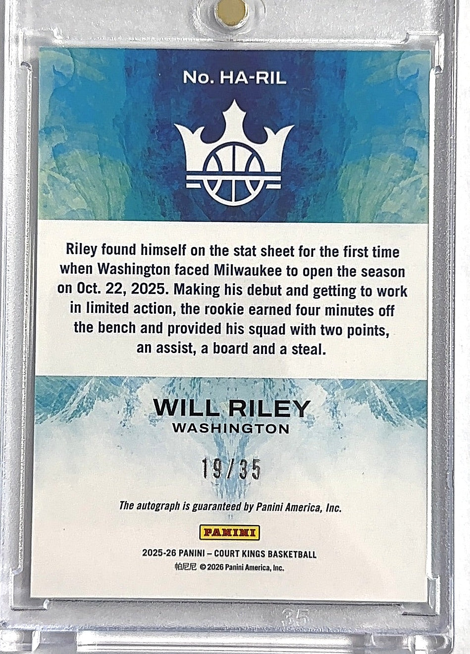 2025 Panini Court Kings Heir Apparent Will Riley #18 — back