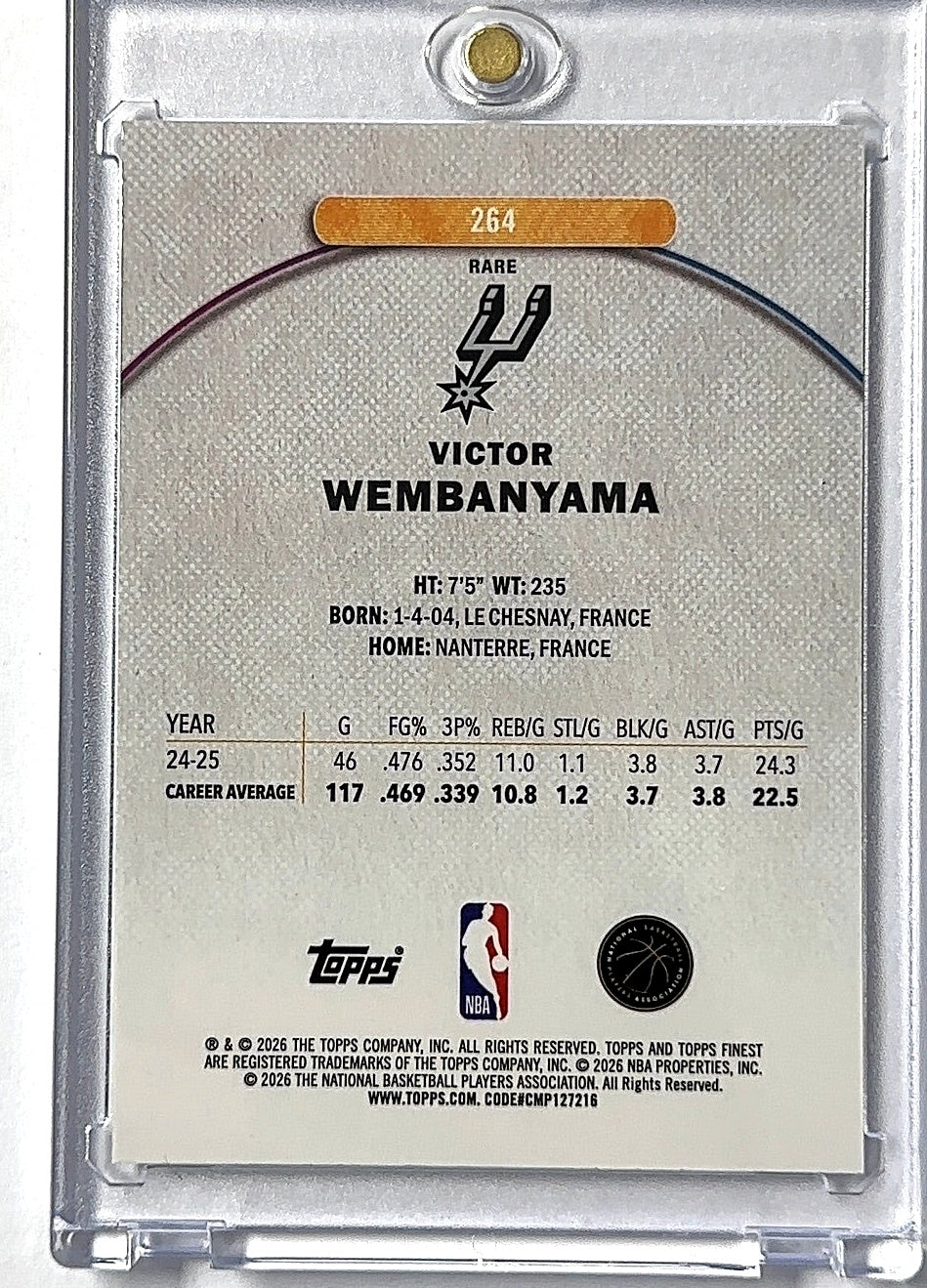 2026 Victor Wembanyama Topps Finest Rare #264 — back