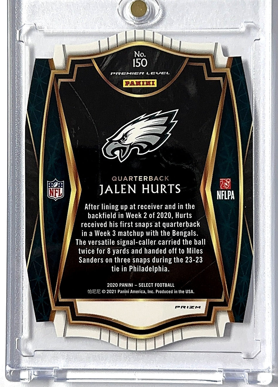 2020 Panini Select Jalen Hurts [Purple Prizm Die Cut] #150 RC — back