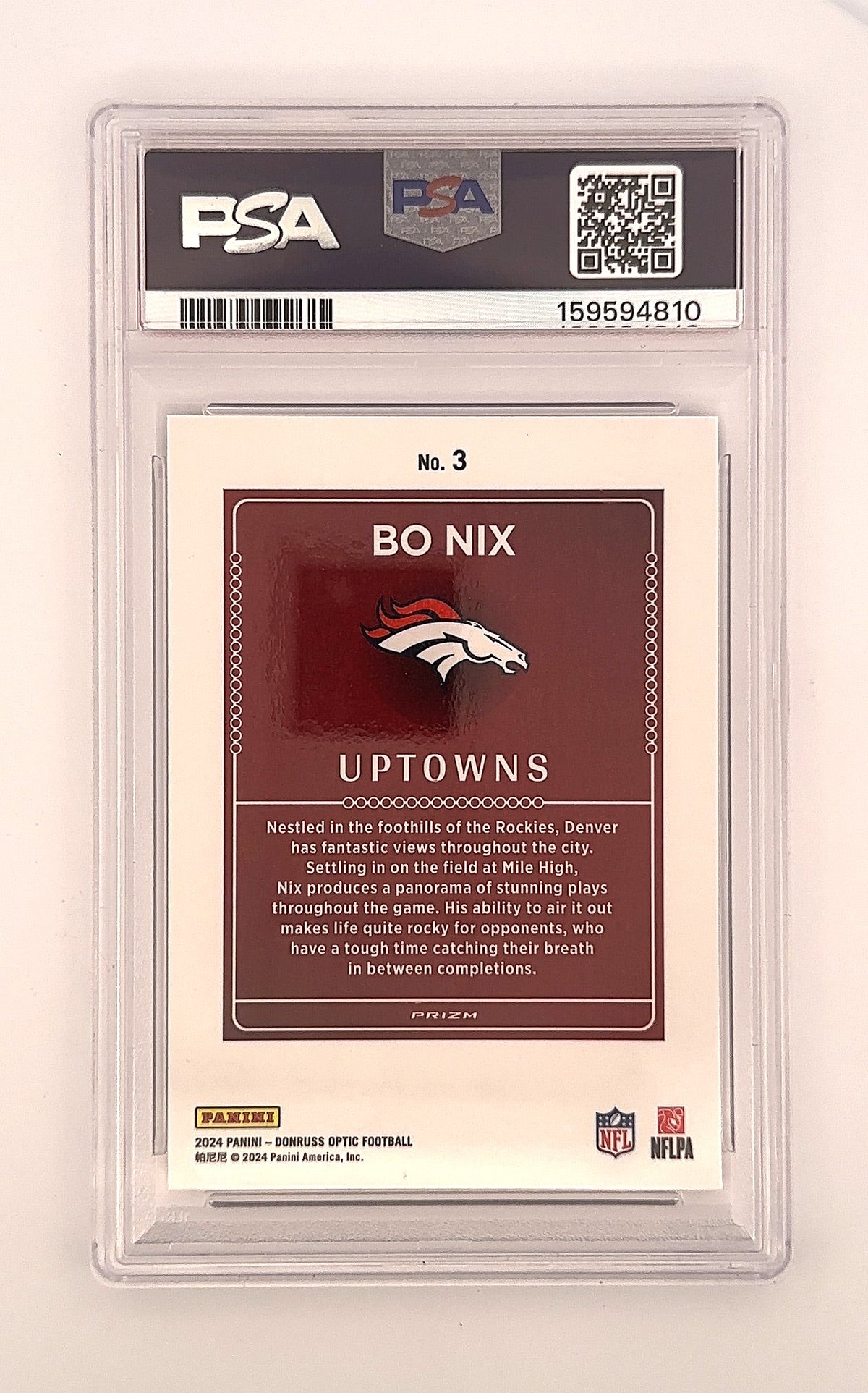 2024 Panini Donruss Optic Uptowns Bo Nix #3 RC PSA 10 — back