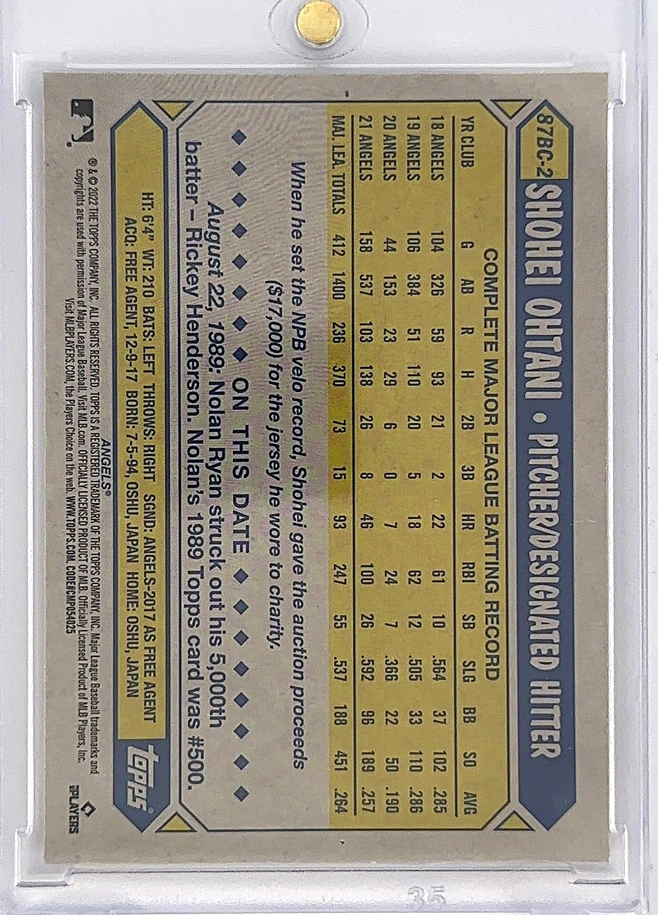 2022 Topps Chrome 1987 Shohei Ohtani Refractor #87BC-2 — back