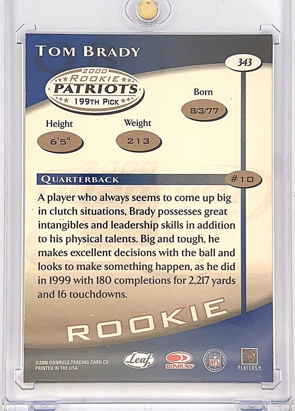 Tom Brady #343 Rookie 2000 Quantum Leaf — back