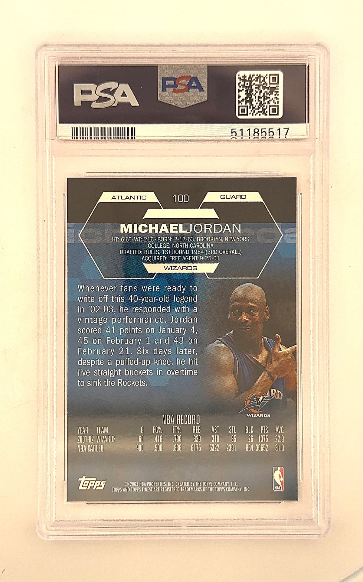 2002 Finest Michael Jordan #100 PSA 8 — back