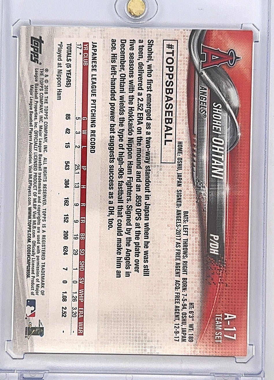2018 Topps Team Set Los Angeles Angels Shohei Ohtani #A-17 — back