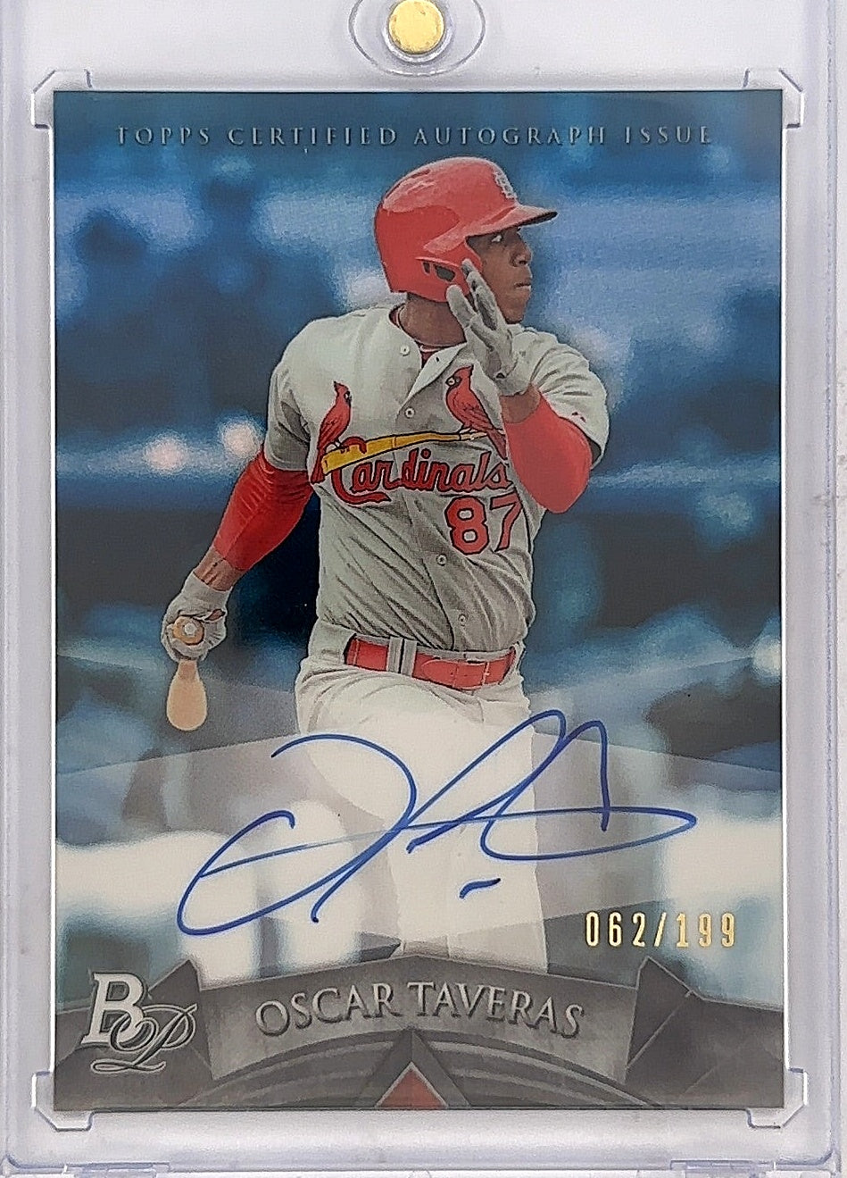 2014 Bowman Platinum Autograph Prospects Oscar Taveras [Green Refractor] #AP-OT — front