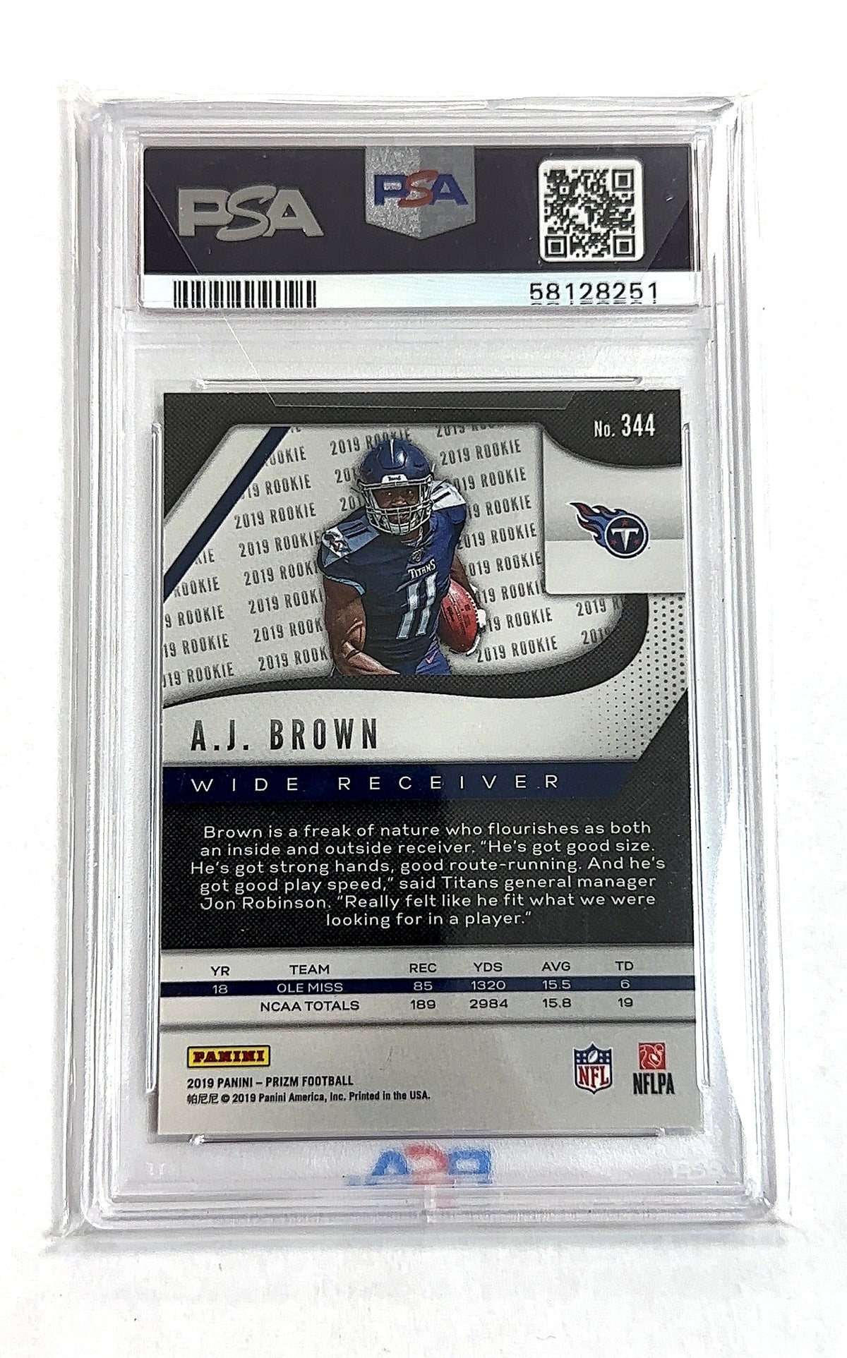 2019 Panini Prizm A.J. Brown #344 RC PSA 10 — back