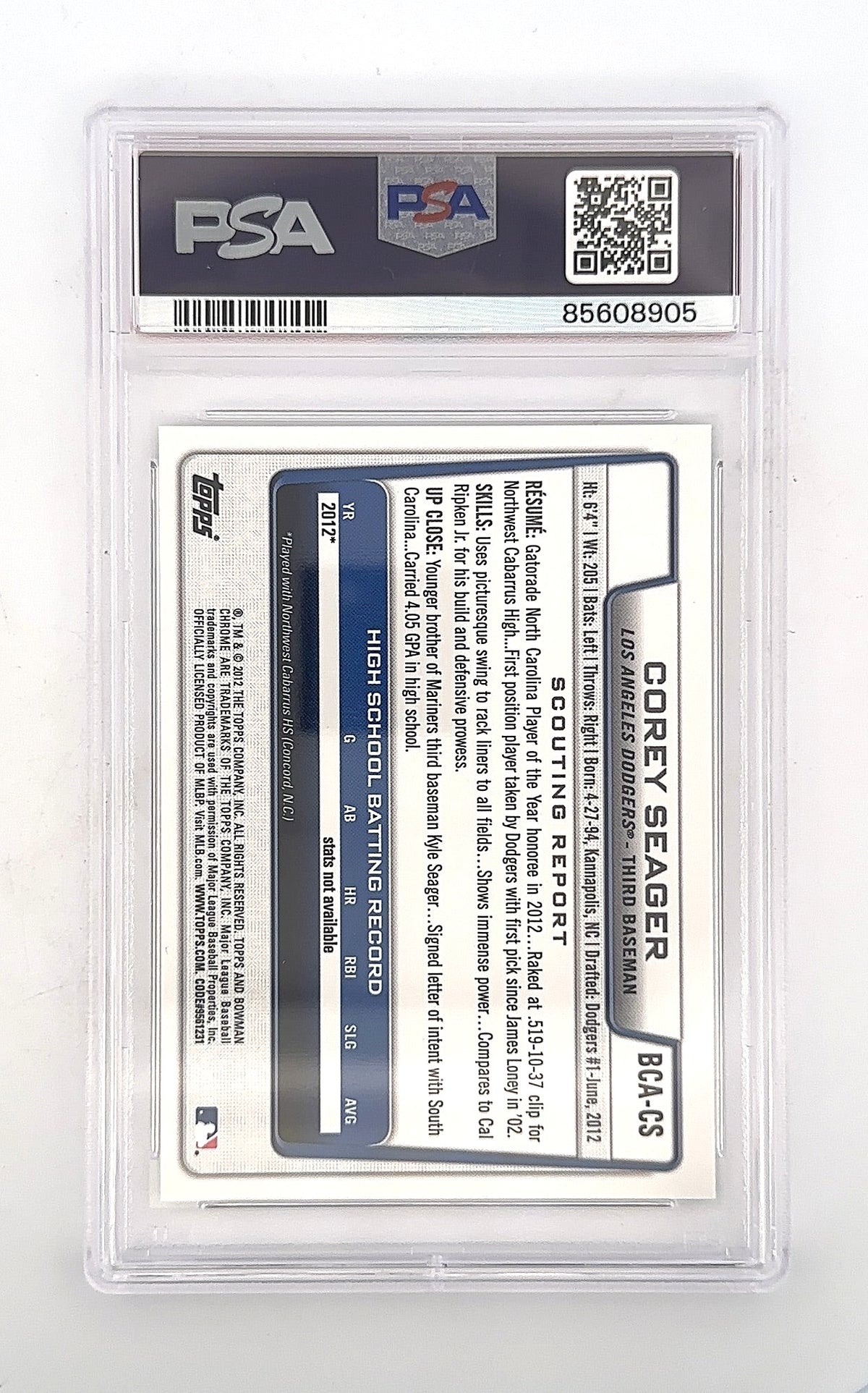 2012 Bowman Chrome Draft Picks & Prospects Autograph Corey Seager #BCACS PSA 10 — back