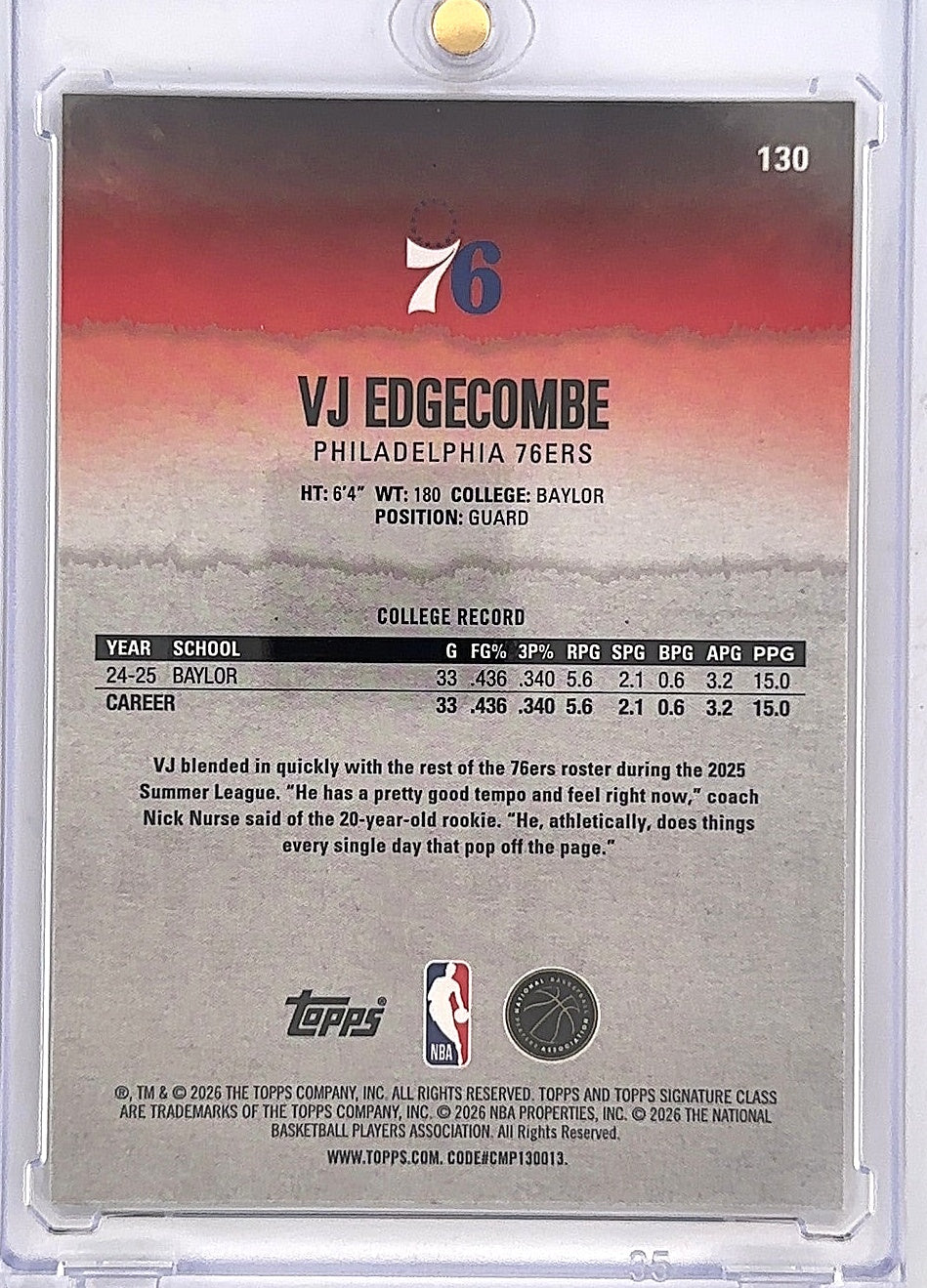 2025 Topps Signature Class VJ Edgecombe [Gold Chrome] #130 — back