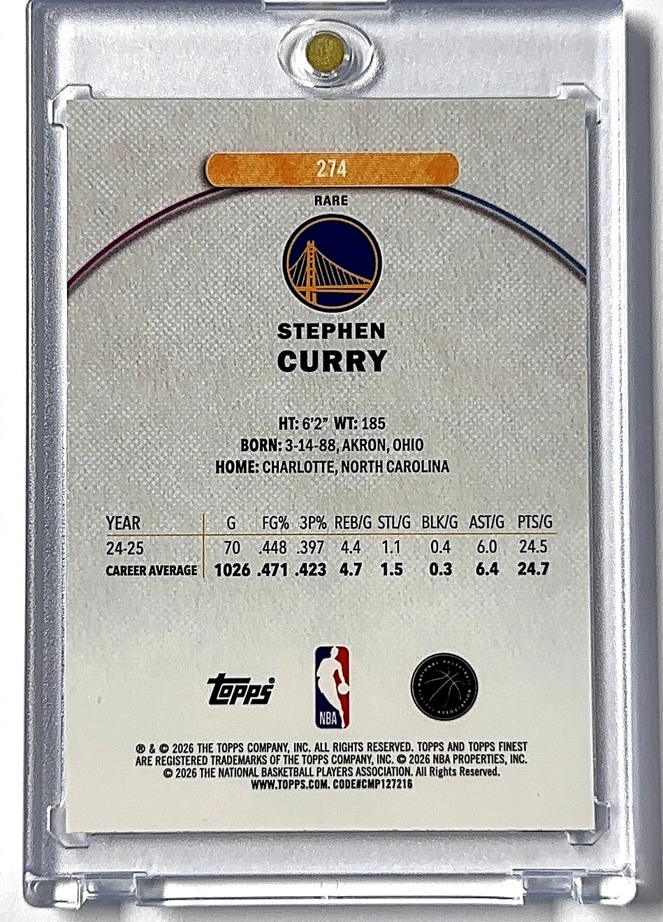 2025 Topps Finest Stephen Curry /99 #274 — back