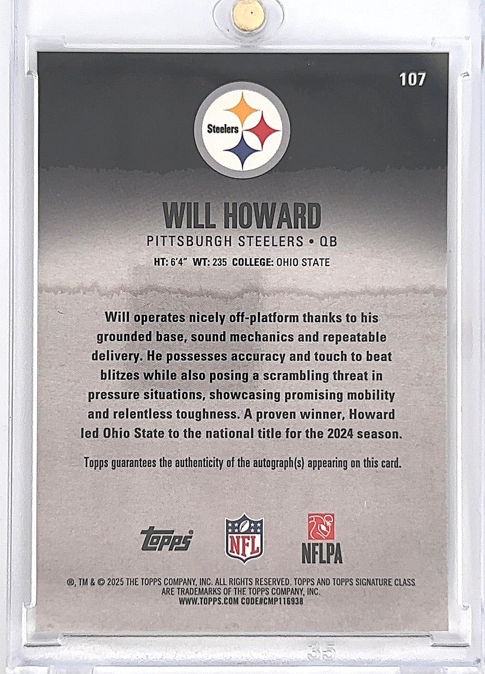 2025 Topps Certified Will Howard RC Auto #107 — back