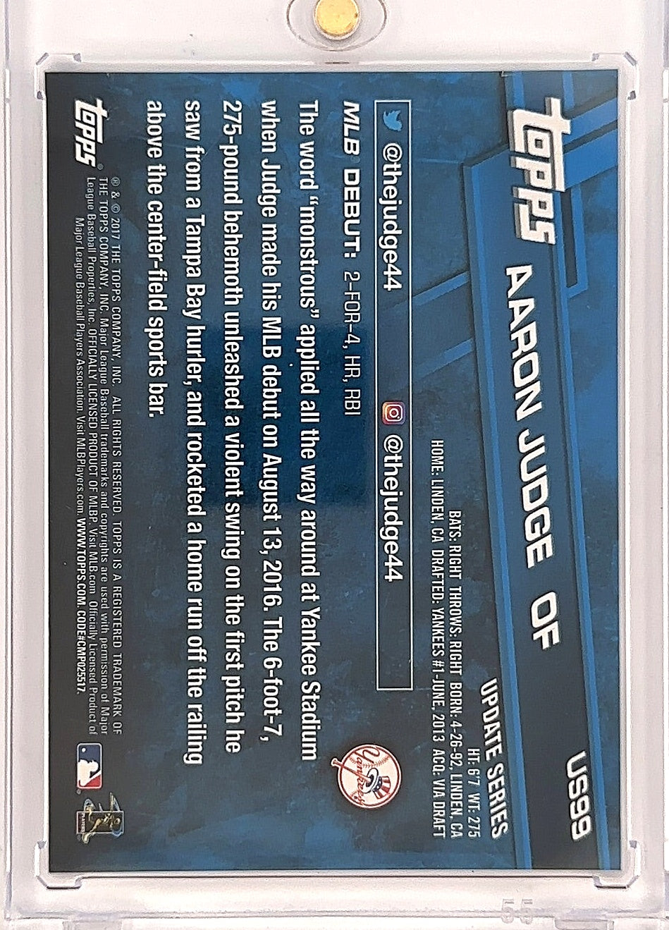 2017 Topps Update Aaron Judge [Rookie Debut] #US99 — back
