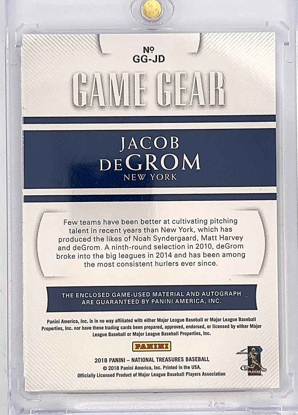 2018 Jacob Degrom National Treasures Patch Auto /10 #GG-JD — back