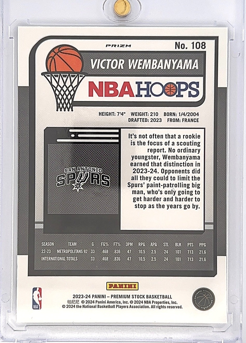 2023 Panini Hoops Premium Stock Victor Wembanyama [Ice Prizm] #108 — back