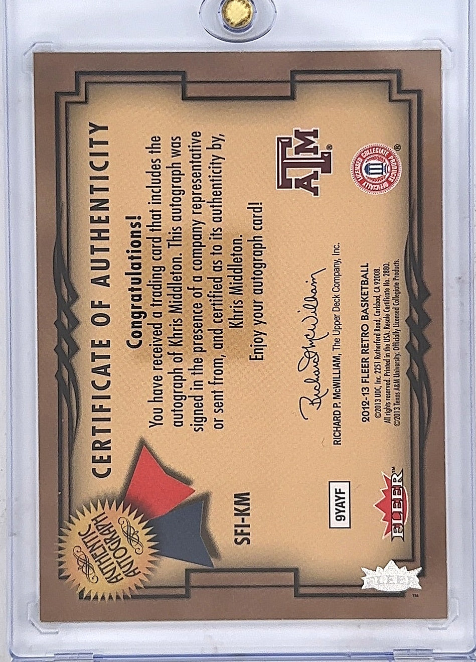 Khris Middleton 2012 Fleer Fresh Ink Auto — back