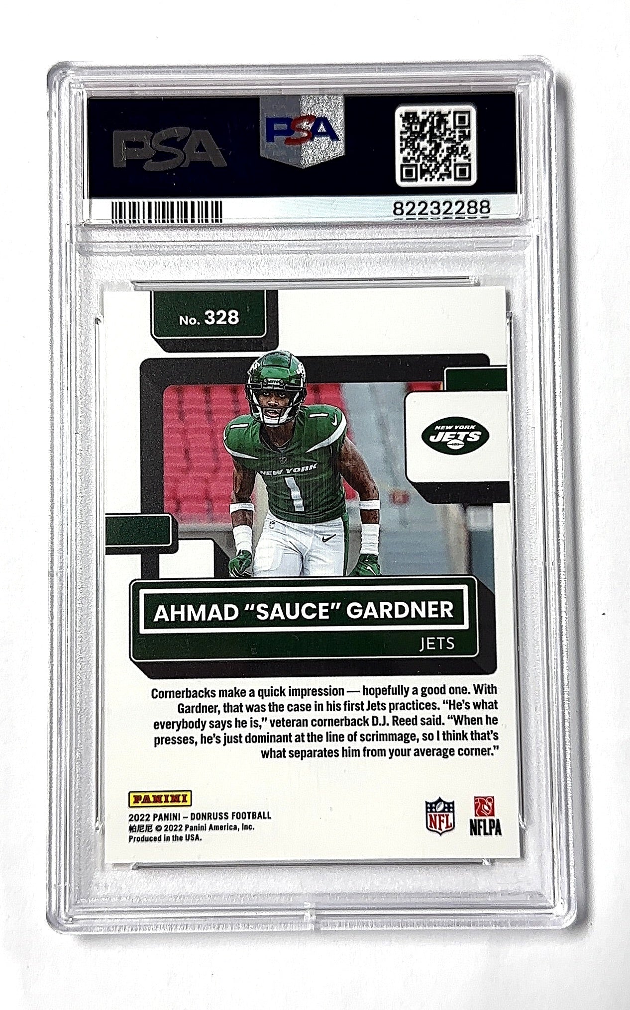 2022 Panini Donruss Ahmad 'Sauce' Gardner [Press Proof Premium] #328 RC PSA 9 — back