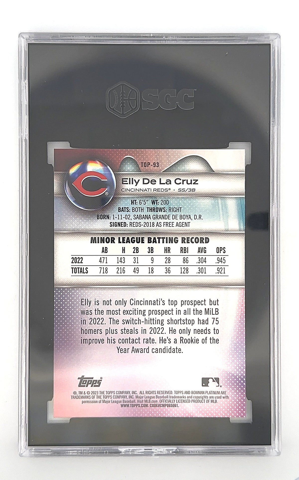 2023 Bowman Platinum Top Prospects Elly De La Cruz #TOP-93 SGC Gem Mint 10 — back